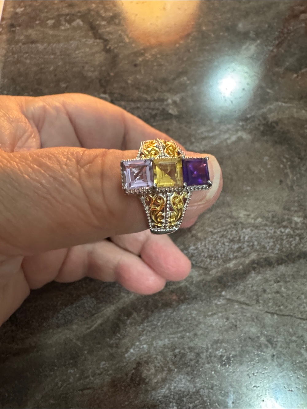 Sterling Silver Gold-Finish Triple Gemstone Ring - Pink, Yellow & Purple